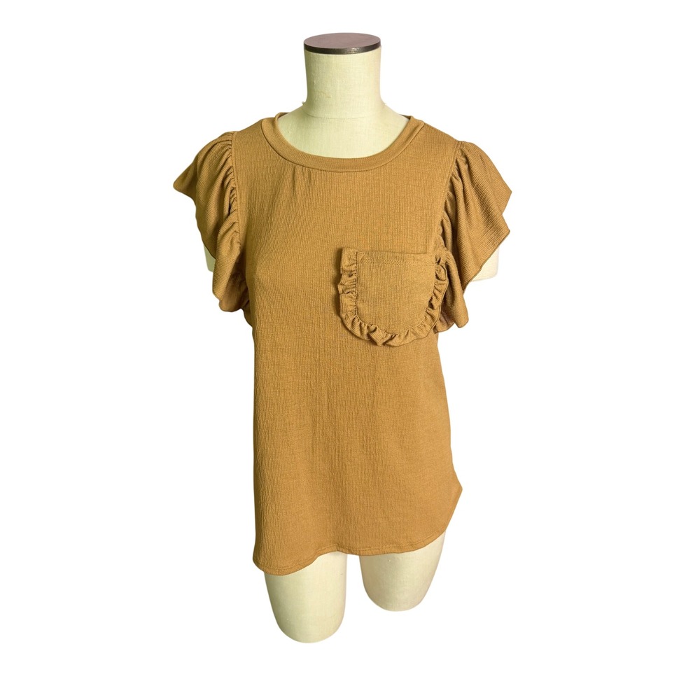Ces Femme Ruffle Sleeve Top Small Camel Brown Textured Flutter Pocket Tee NEW